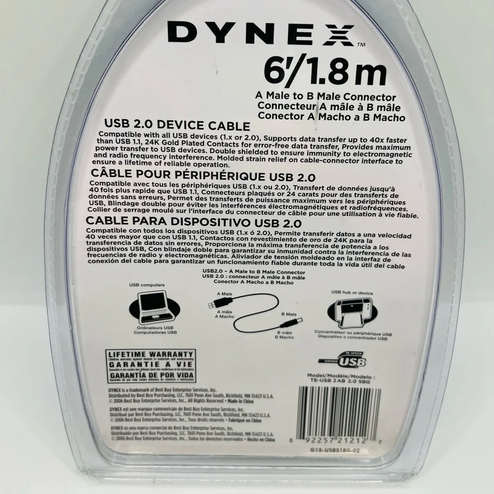 Dynex 6 ft Male A to B USB 2.0 Printer/Device Cable 24K Gold Plated Connectors